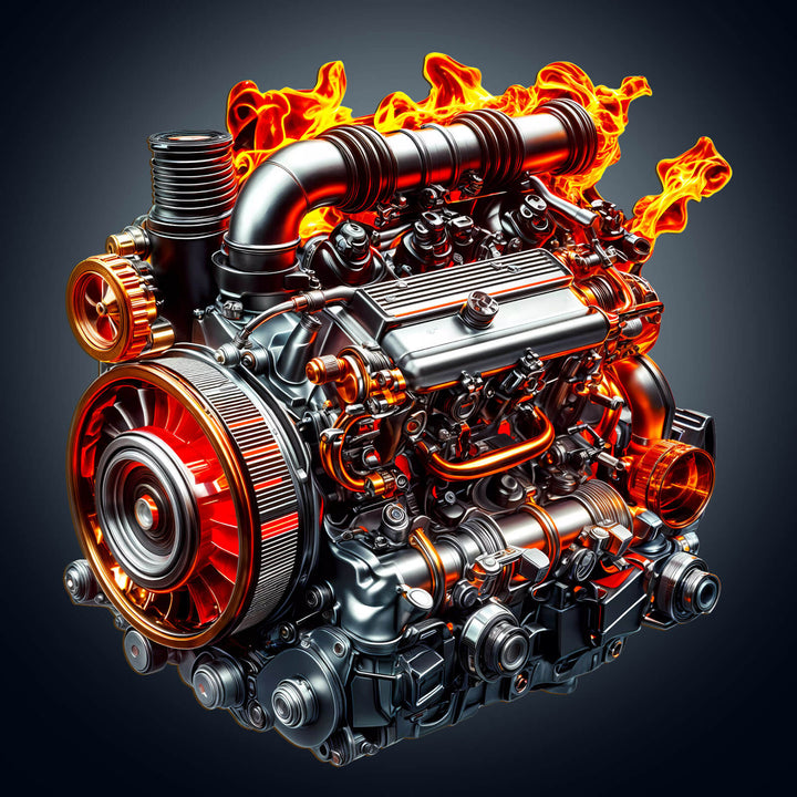 High-performance engine with flames, showcasing mechanical details and dynamic design, perfect for automotive enthusiasts.