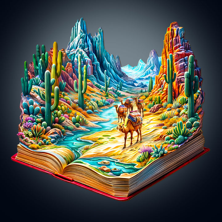 Vibrant wilderness scene in an open book with camels, cacti, and colorful mountains, evoking exploration and adventure.