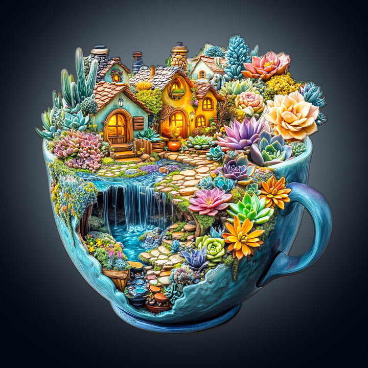Colorful wooden jigsaw puzzle of a succulent mug with a whimsical landscape, promoting focus and cognitive skills.