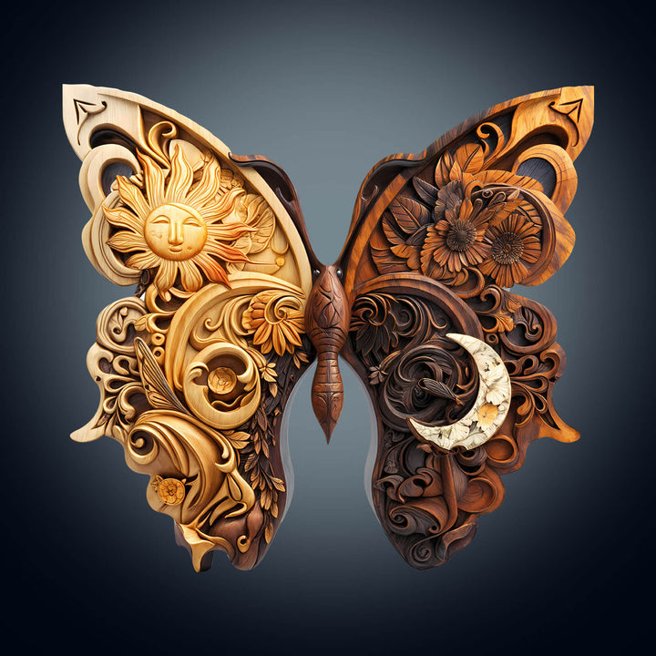 Intricate Yin Yang Butterfly wooden jigsaw puzzle featuring sun and moon designs, perfect for enhancing focus and cognitive skills.