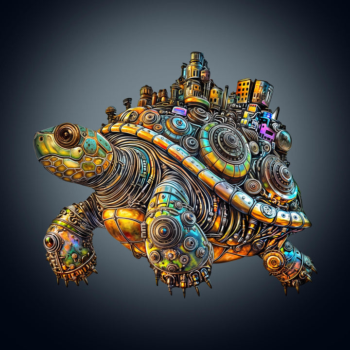 A colorful metallic tortoise sculpture with a miniature city on its back, showcasing intricate details and vibrant textures.