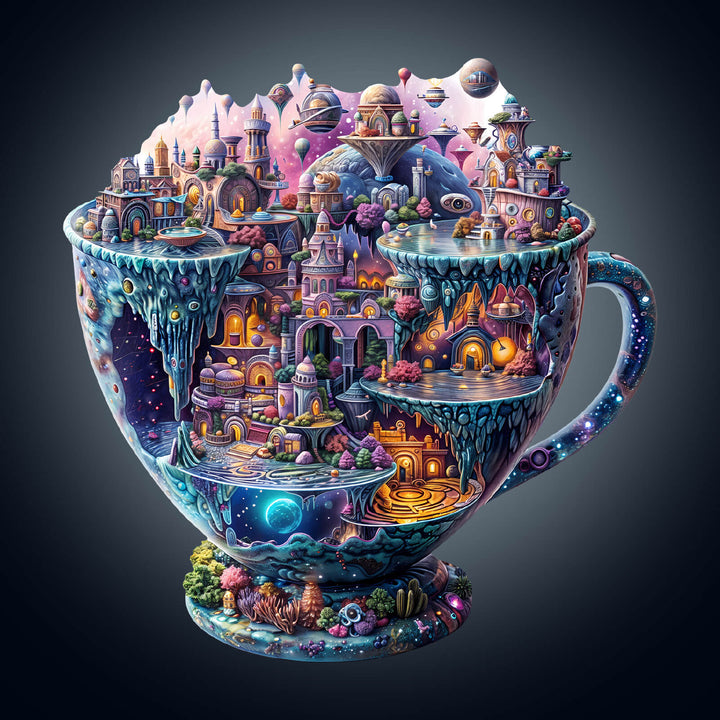 Interstellar City Wooden Jigsaw Puzzle depicting a vibrant sci-fi landscape inside a decorative teacup.