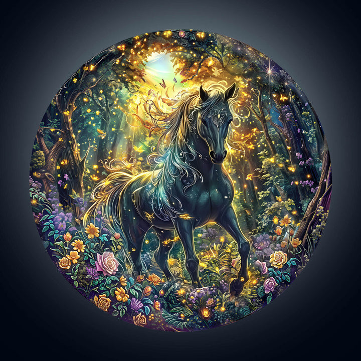 Forest Horse wooden jigsaw puzzle featuring a mystical black horse in a vibrant, flower-filled forest scene.