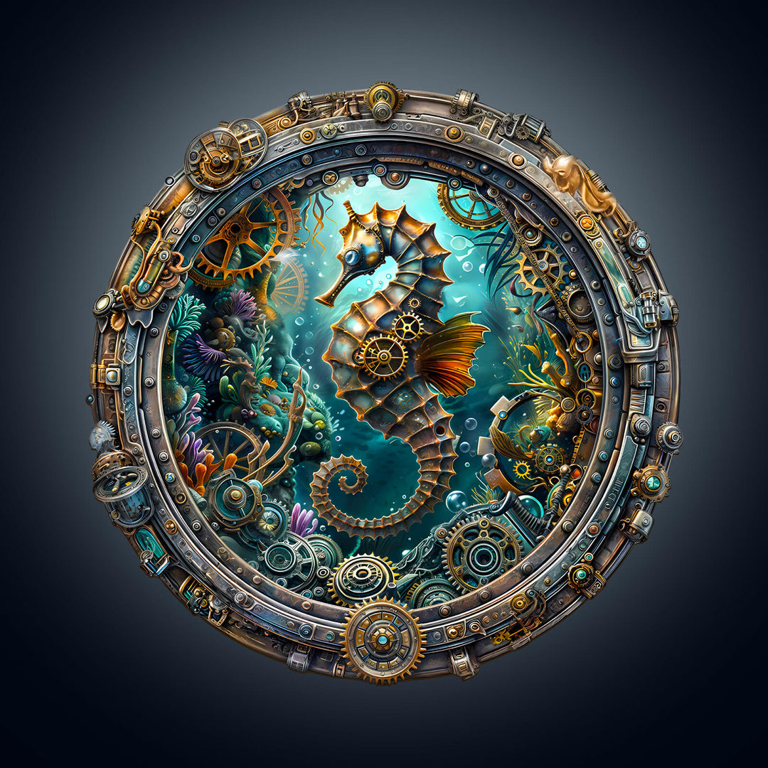 A vibrant Abyssal seahorse surrounded by gears and coral, featured in a decorative jigsaw puzzle design.