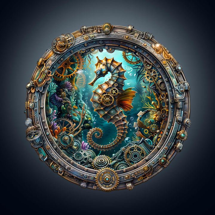 A vibrant Abyssal seahorse surrounded by gears and coral, featured in a decorative jigsaw puzzle design.