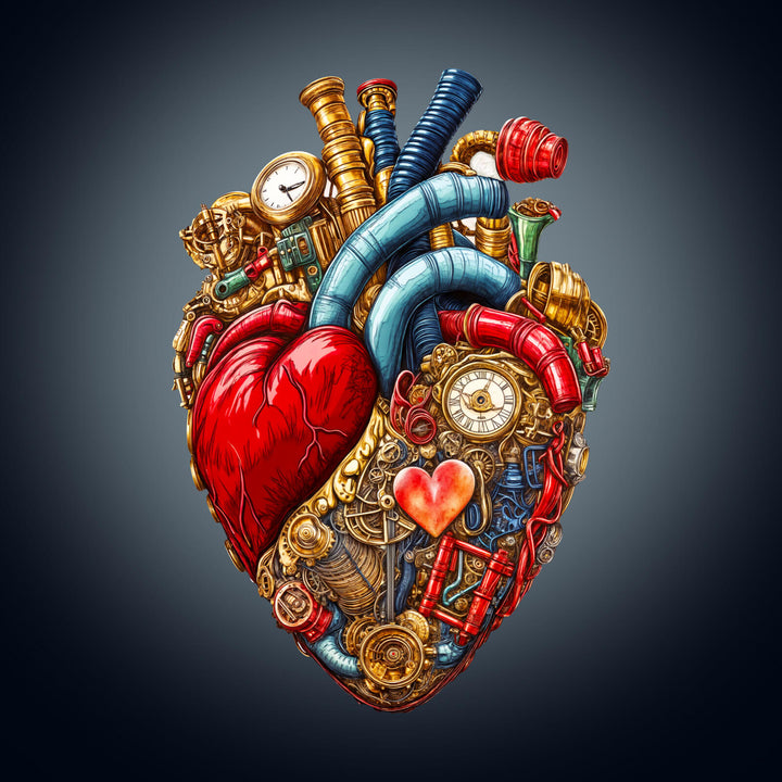 Mechanical Heart-2 wooden jigsaw puzzle design with intricate gears, red heart, and colorful tubes. Ideal for mind games.