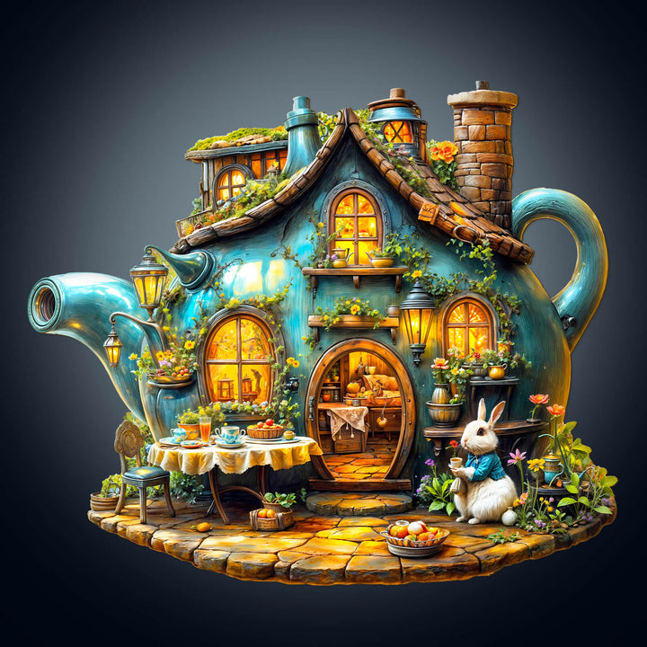 Rabbit's teapot wooden jigsaw puzzle featuring a charming cottage design, enhancing focus and mental skills while solving.