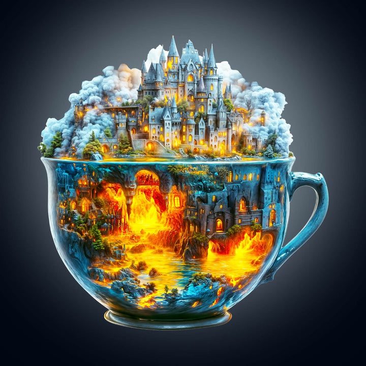 Magic cup-2 wooden jigsaw puzzle featuring a mystical castle scene, promoting focus and cognitive skills in puzzle solving.