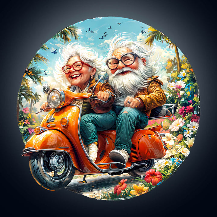 Whimsical illustration of a happy elderly couple riding a bright orange scooter surrounded by flowers and greenery.