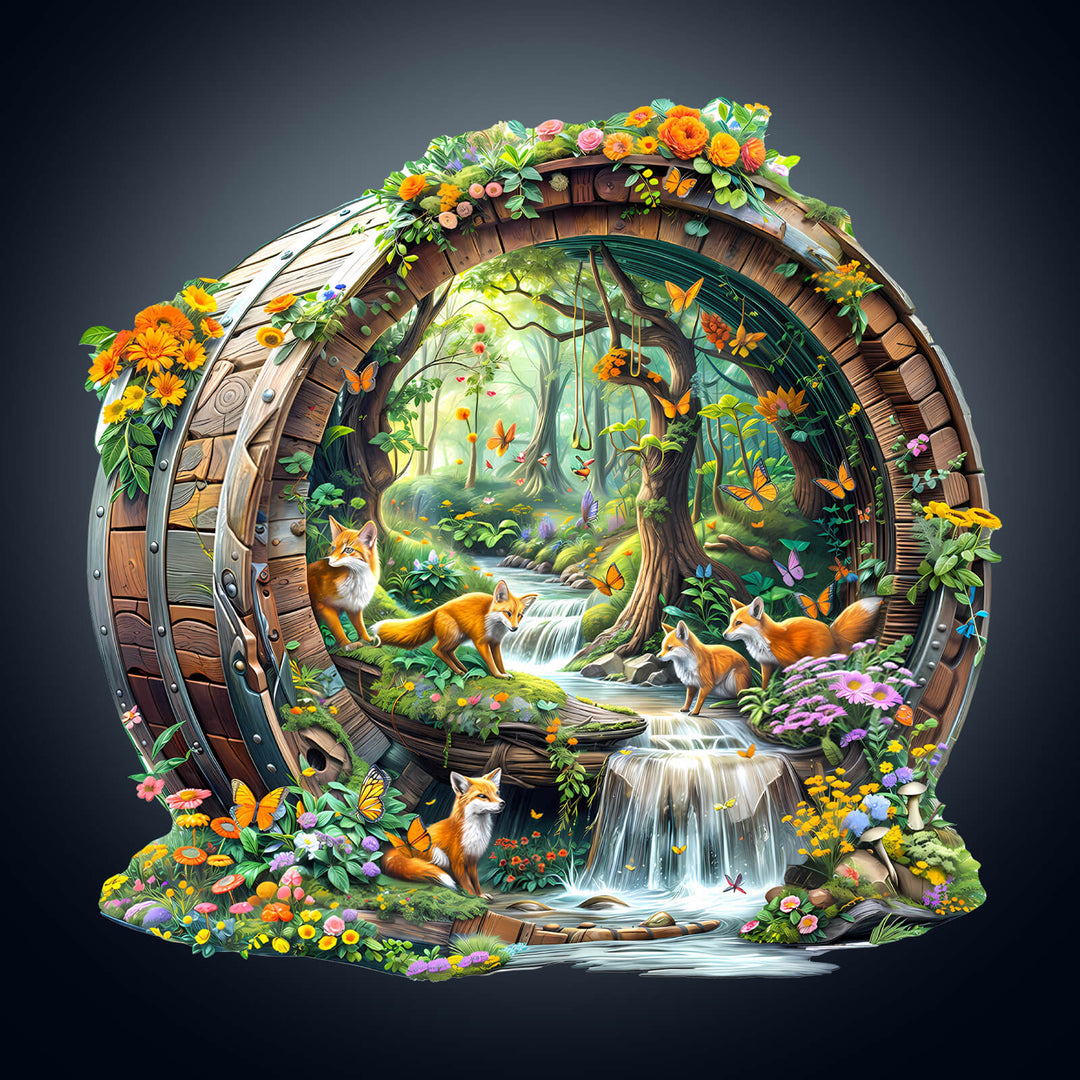 Colorful scene of happy foxes playing around a wooden barrel in a lush forest with flowers and a stream.