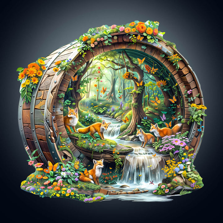 Colorful scene of happy foxes playing around a wooden barrel in a lush forest with flowers and a stream.