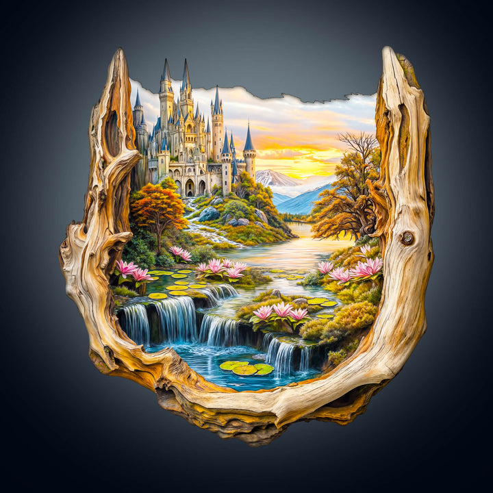 Enchanted Frame-1 wooden jigsaw puzzle featuring a fantasy landscape with a castle and a serene lake scene.