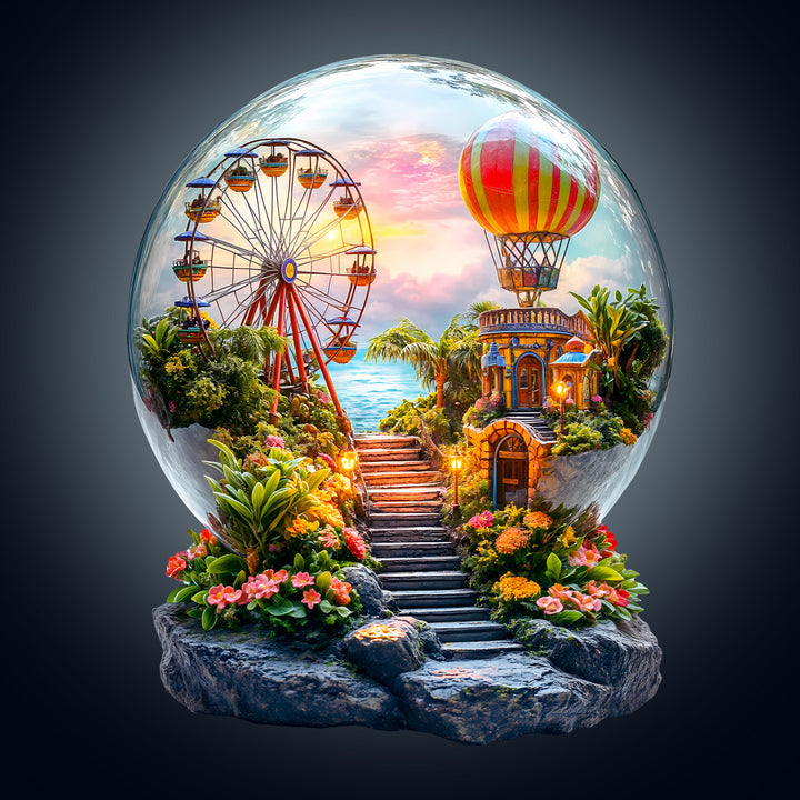 3D Crystal Wonderland jigsaw puzzle featuring a detailed scenic globe with a ferris wheel and hot air balloon.
