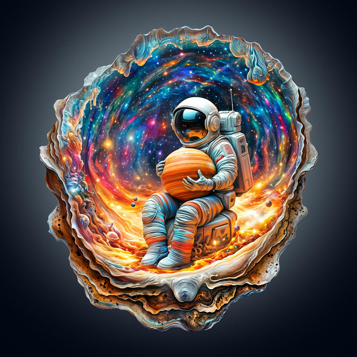 An imaginative astronaut sitting inside a cosmic shell, holding a planet amidst swirling colors of a galaxy.