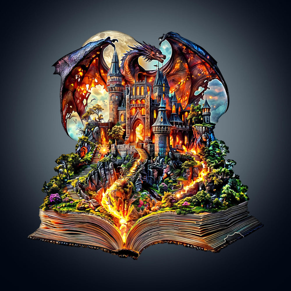 Stunning fantasy scene of a castle and dragon emerging from an open book, showcasing an epic tale in vivid colors.