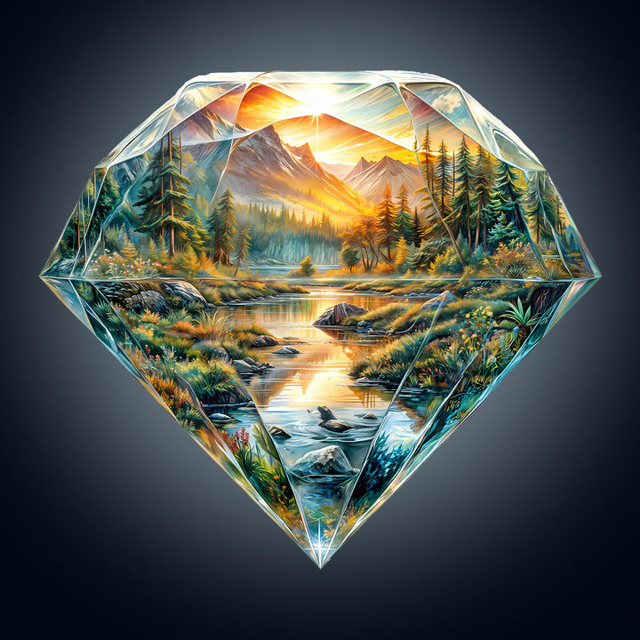 Diamond-shaped wooden jigsaw puzzle featuring a vibrant landscape with mountains and a serene river.