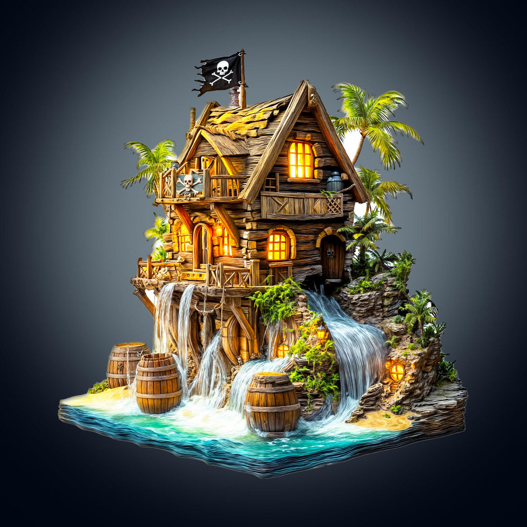 Pirate cabin-2 wooden jigsaw puzzle with waterfalls, palm trees, and barrels, perfect for enhancing focus and puzzle-solving skills.