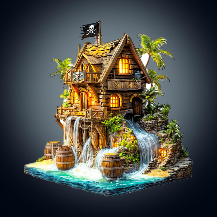 Pirate cabin-2 wooden jigsaw puzzle with waterfalls, palm trees, and barrels, perfect for enhancing focus and puzzle-solving skills.