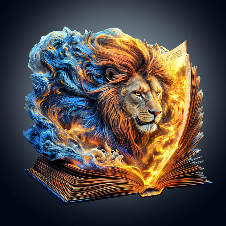 Roaring Pages Wooden Jigsaw Puzzle featuring a lion emerging from a magical book, symbolizing adventure and focus.