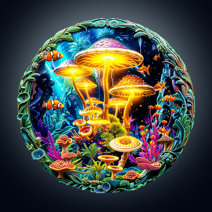 fluorescent mushrooms Wooden Jigsaw Puzzle