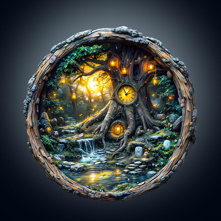 Magic time tree wooden jigsaw puzzle artwork featuring a mystical clock and enchanting forest scene.