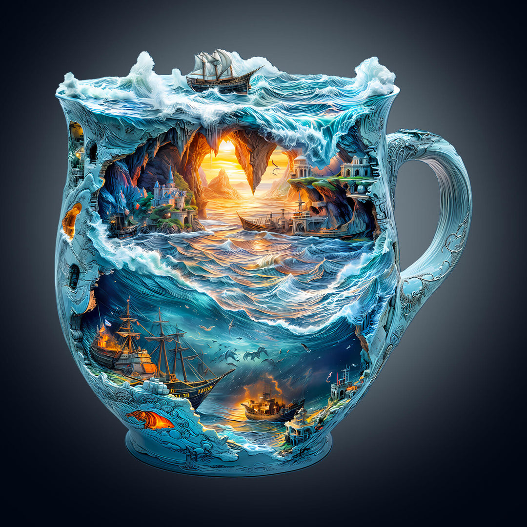 Colorful sea navigation mug puzzle featuring ships and waves, perfect for jigsaw puzzle lovers and mind games.