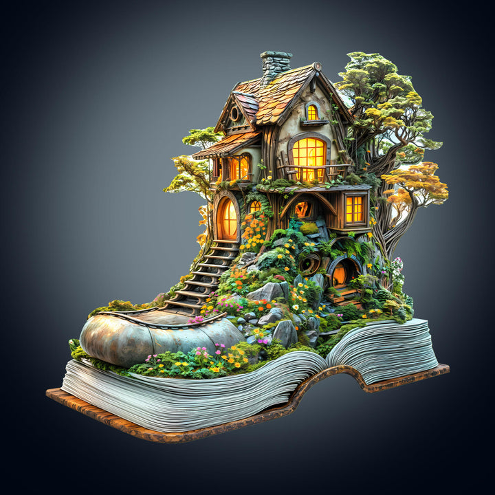 Whimsical treehouse in a boot-shaped house, surrounded by trees and flowers, set on an open book.