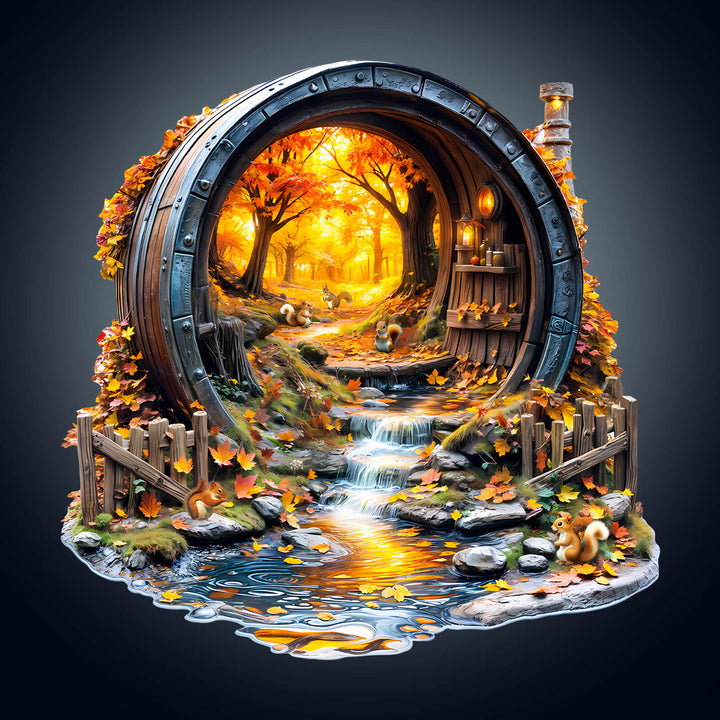 Barrel of Autumn Wooden Jigsaw Puzzle with vibrant fall leaves and a peaceful stream, perfect for mind games and focus.