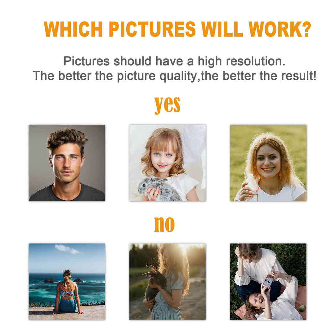 Image showing examples of high resolution photos that work for puzzles vs low quality images that do not.