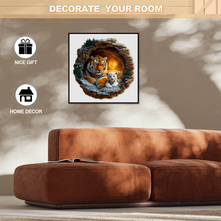 3D Tiger Family wall art in cozy living room, perfect for home decor or as a unique gift.
