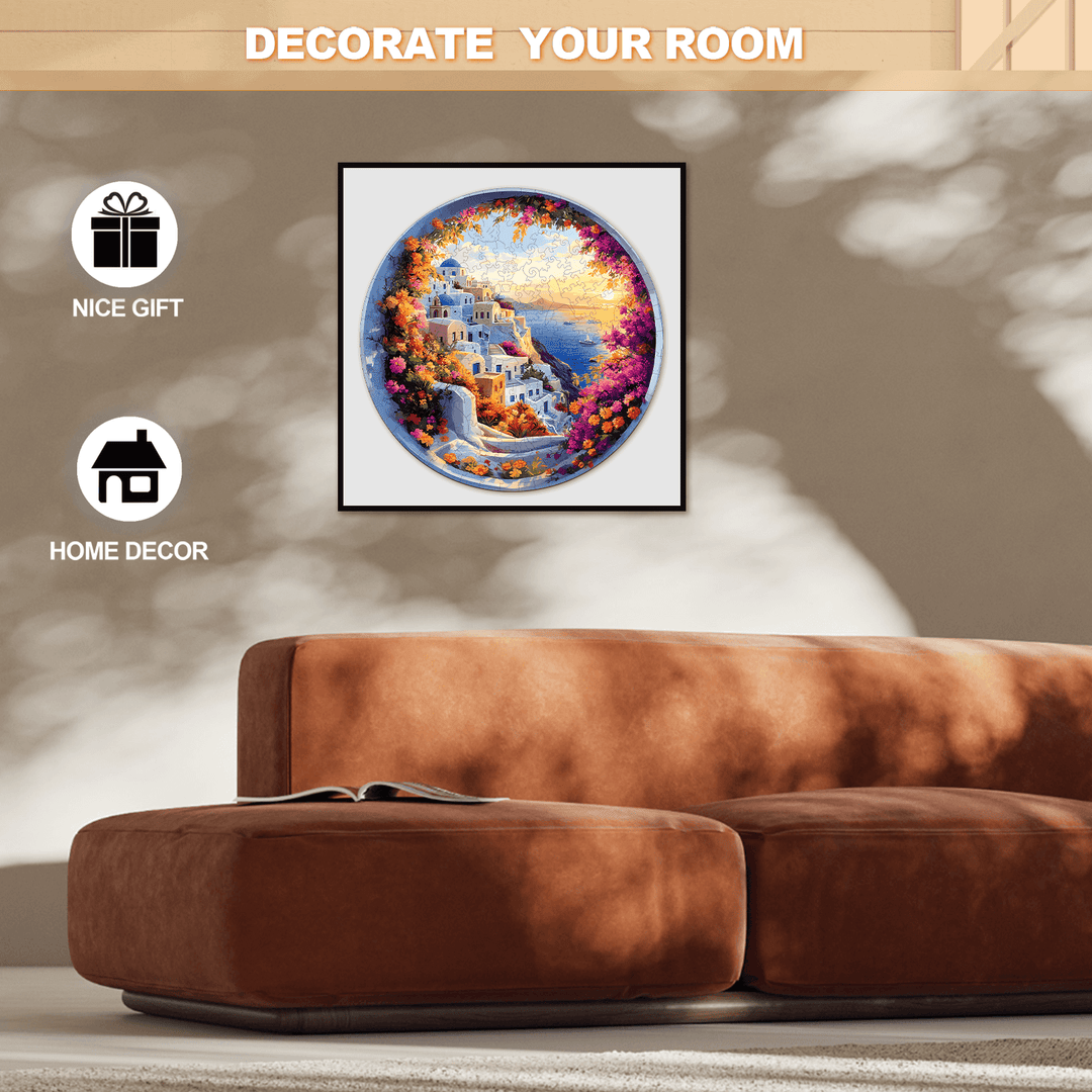 Santorini wooden jigsaw puzzle displayed as home decor, showcasing vibrant colors and intricate design on a cozy living room setting.