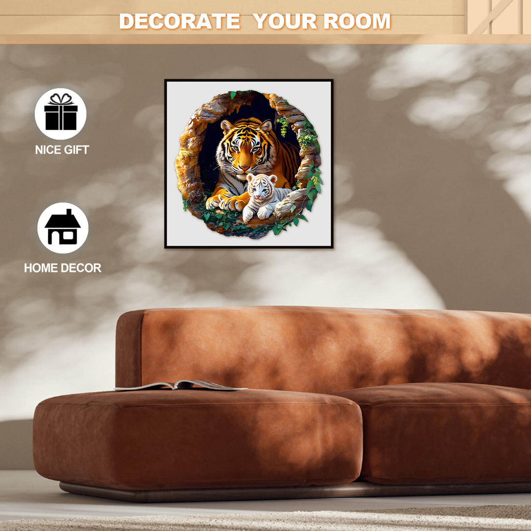 3D Tiger Family-1 wooden jigsaw puzzle displayed in a cozy room, perfect for home decor and as a thoughtful gift.