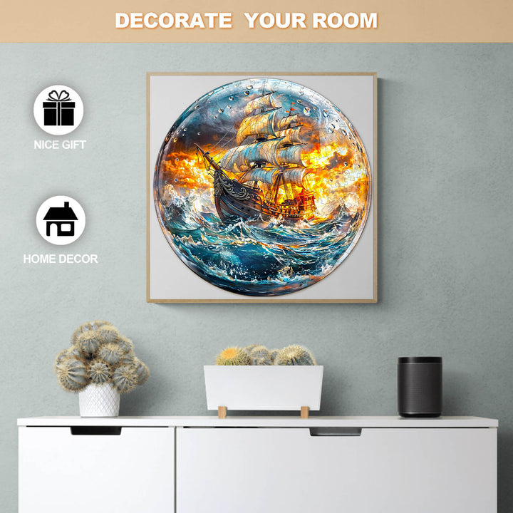 Stunning Stormy Voyage wooden jigsaw puzzle depicting a ship battling rough seas, perfect for mental focus and home decor.