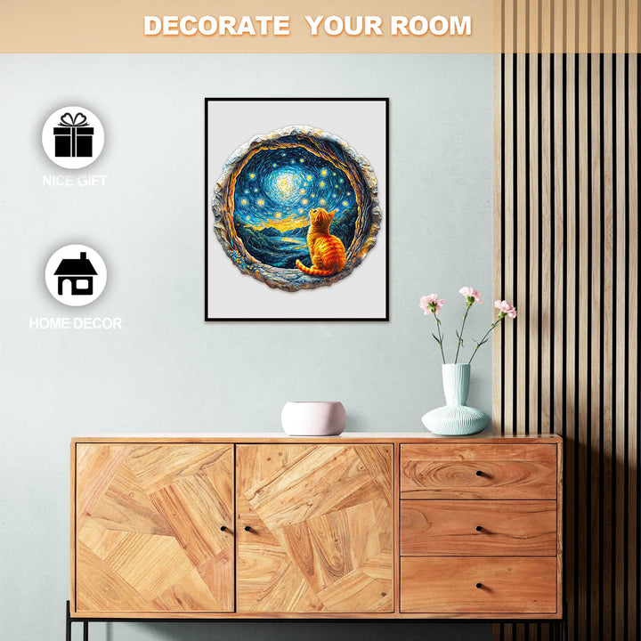 Colorful cat art print with starry sky in decorative frame, ideal for home decor and gifts.