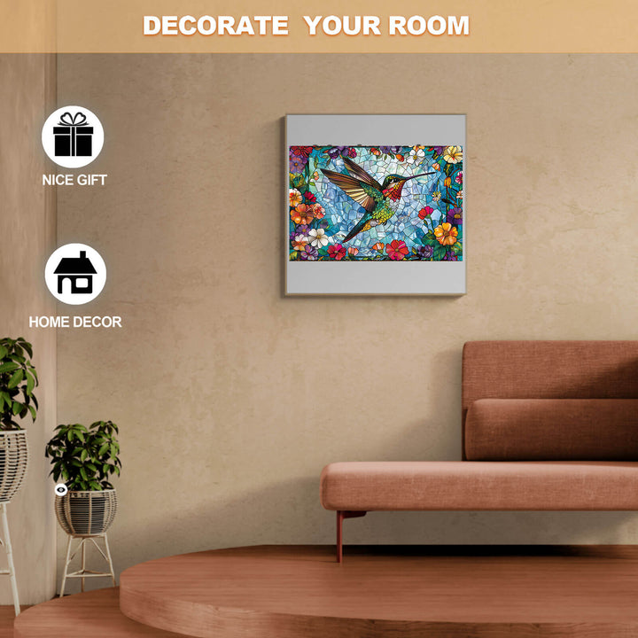 Colorful Stained Glass Hummingbird puzzle displayed in a stylish living room, perfect for home decor and gifts.