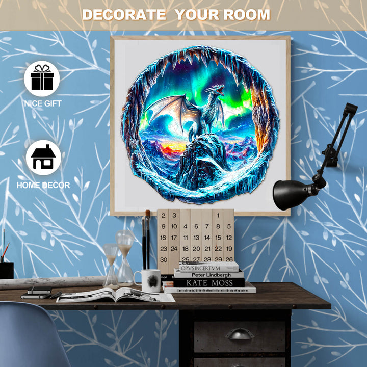 3D Aurora Dragon wooden jigsaw puzzle featured in stylish home decor setting with vibrant colors and a cozy feel.