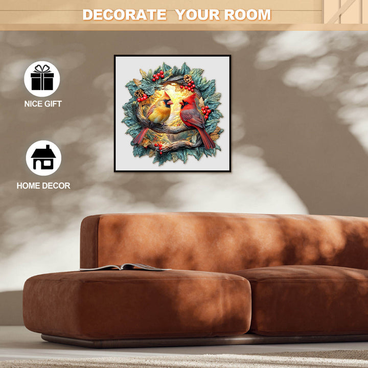 3D Northern Cardinal wooden jigsaw puzzle displayed in stylish home decor setting with cozy sofa.