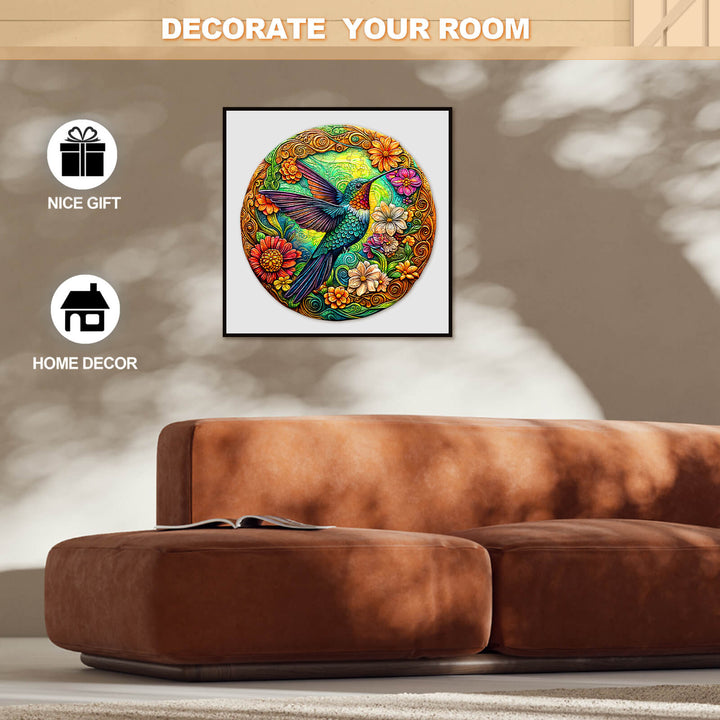 Decorative Vintage Hummingbird jigsaw puzzle artwork on wall, perfect for home decor and as a thoughtful gift.
