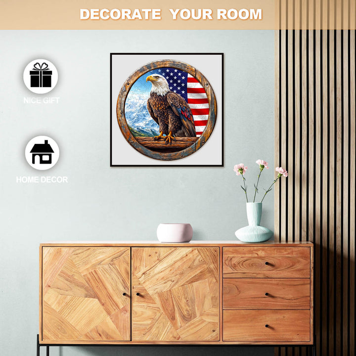3D Bald Eagle jigsaw puzzle on a decorative wall, enhancing home decor and perfect for gifts.