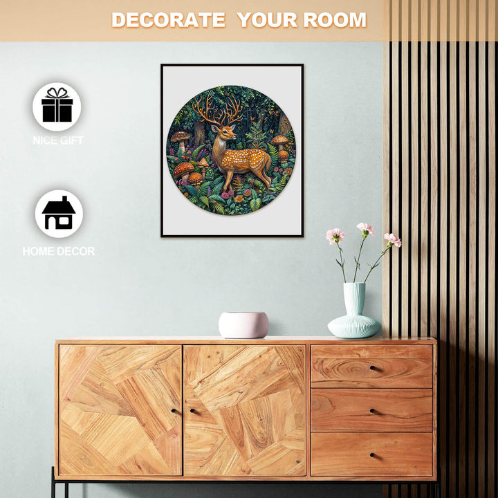 A beautifully framed artwork featuring a deer among colorful mushrooms, perfect for home decor and gifting.