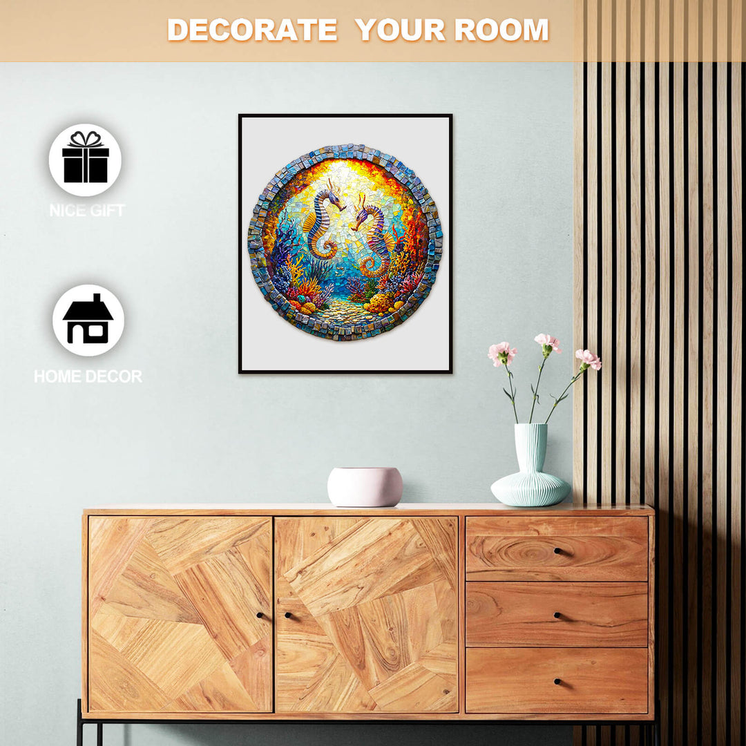Colorful 3D Seahorses in Harmony jigsaw puzzle displayed as home decor in a stylish room setting.