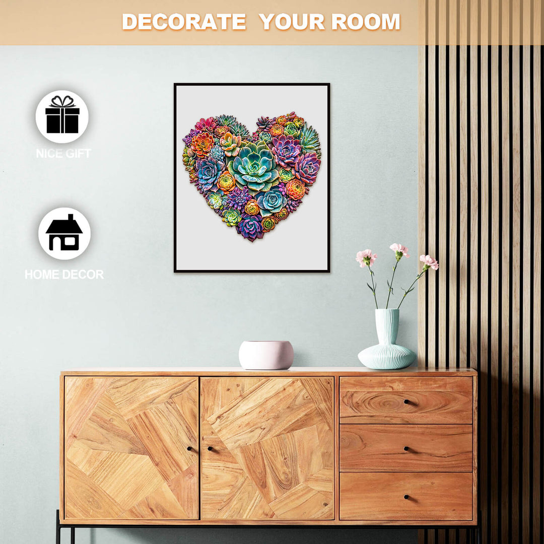 Colorful heart-shaped succulent wall art above a wooden cabinet, ideal for home decor and gifts.