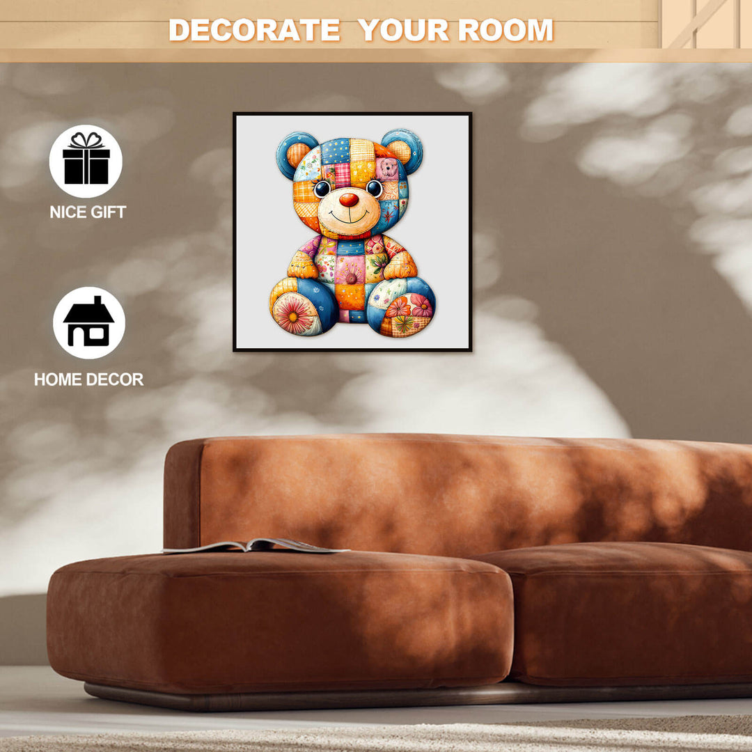 Colorful Patchwork Bear wooden jigsaw puzzle as home decor and gift idea for puzzle lovers.