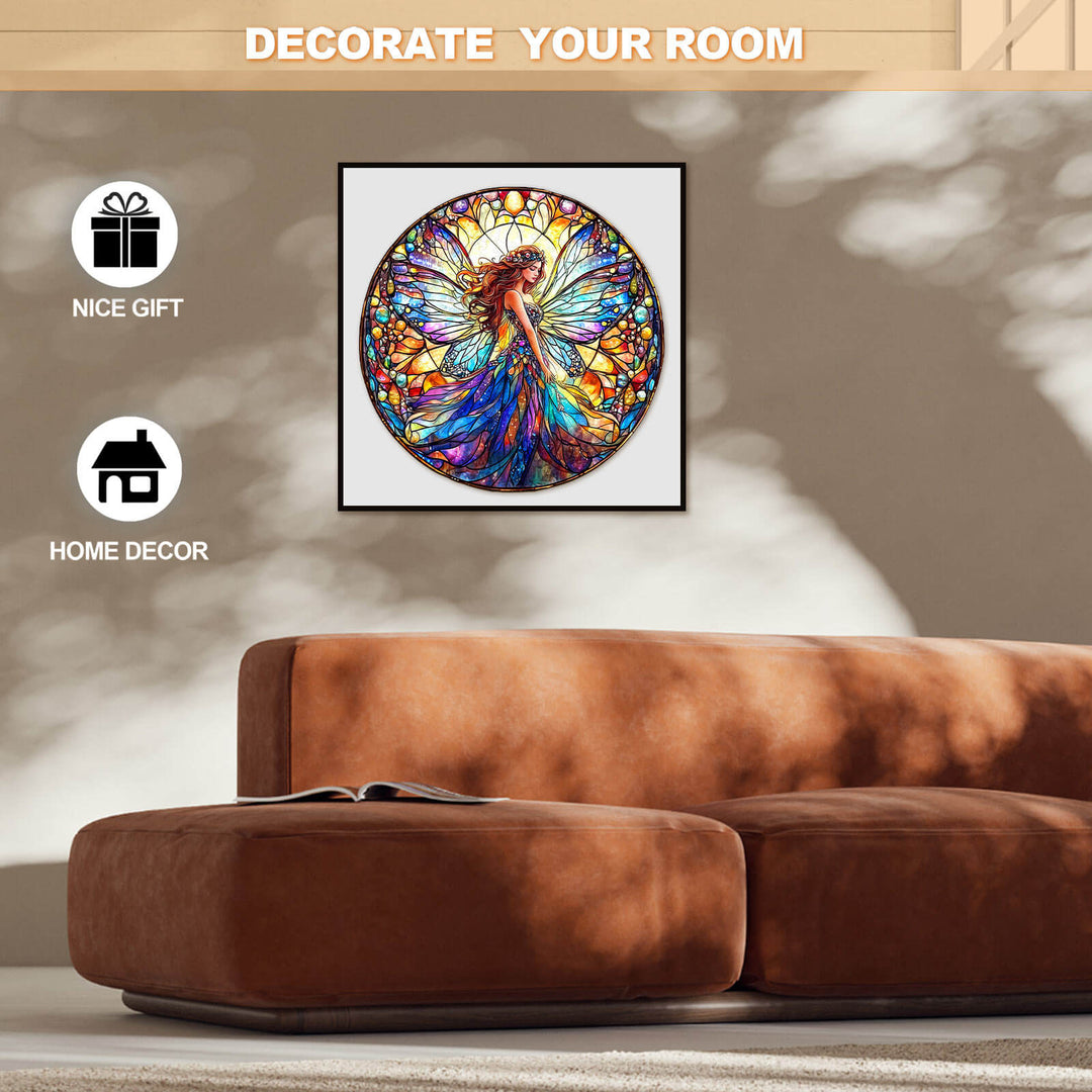 Stained Glass Fairy puzzle artwork displayed as home decor, ideal for gifting and room decoration.