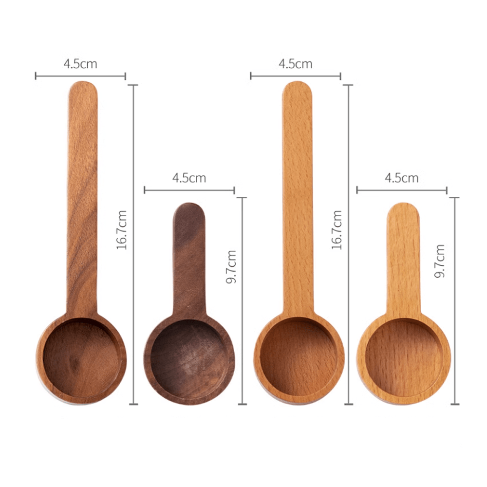 Set of wooden measuring spoons in beech and walnut, ideal for cooking and baking, showcasing precise measurements.