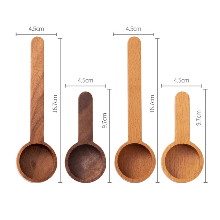 Set of wooden measuring spoons in beech and walnut, ideal for cooking and baking, showcasing precise measurements.
