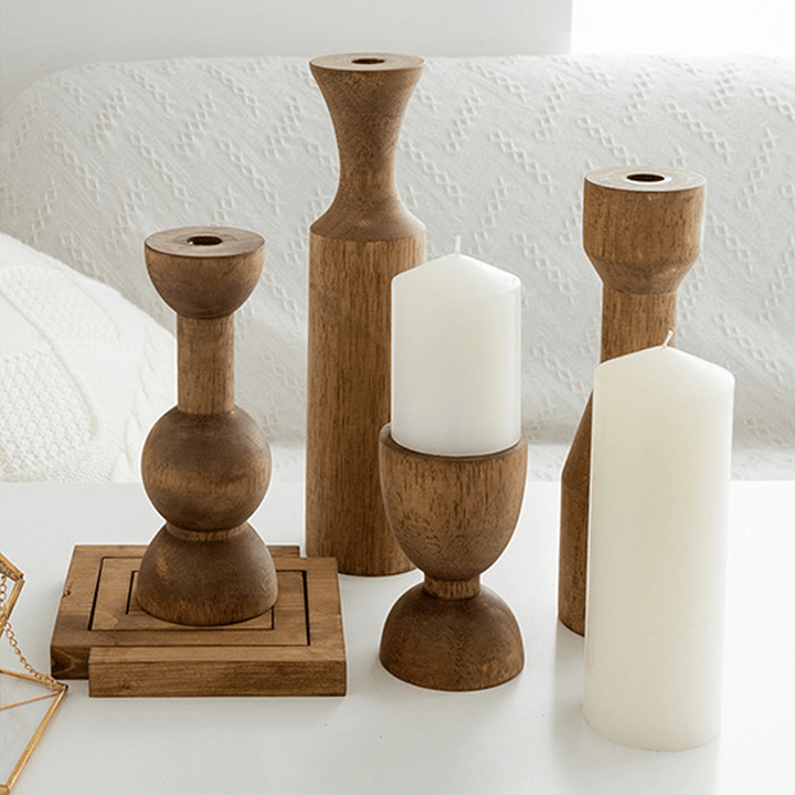 American retro wooden candle holders with white candles, adding elegance and warmth to home decor.
