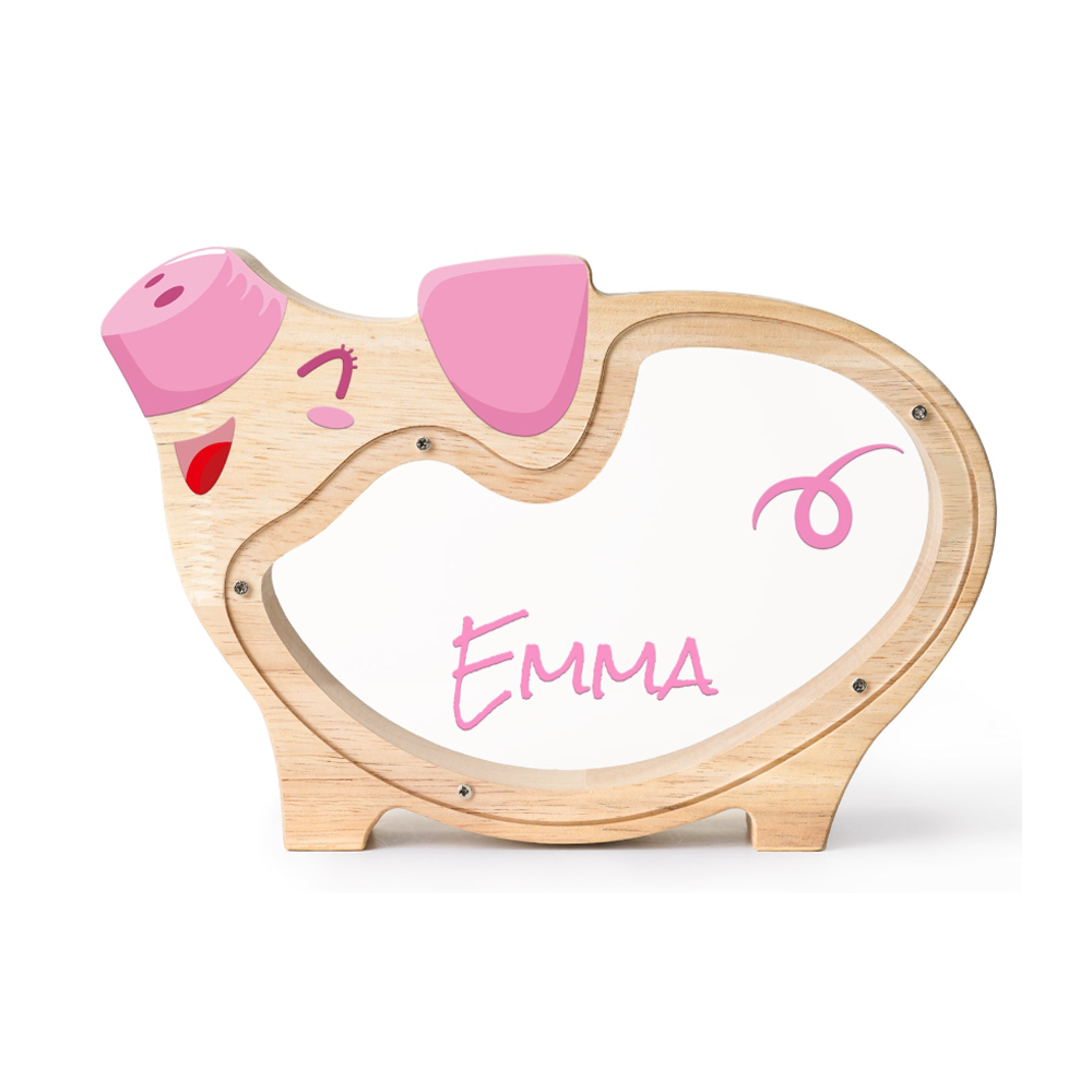 Custom wooden piggy bank for kids, featuring clear acrylic panels and personalized name, Emma.