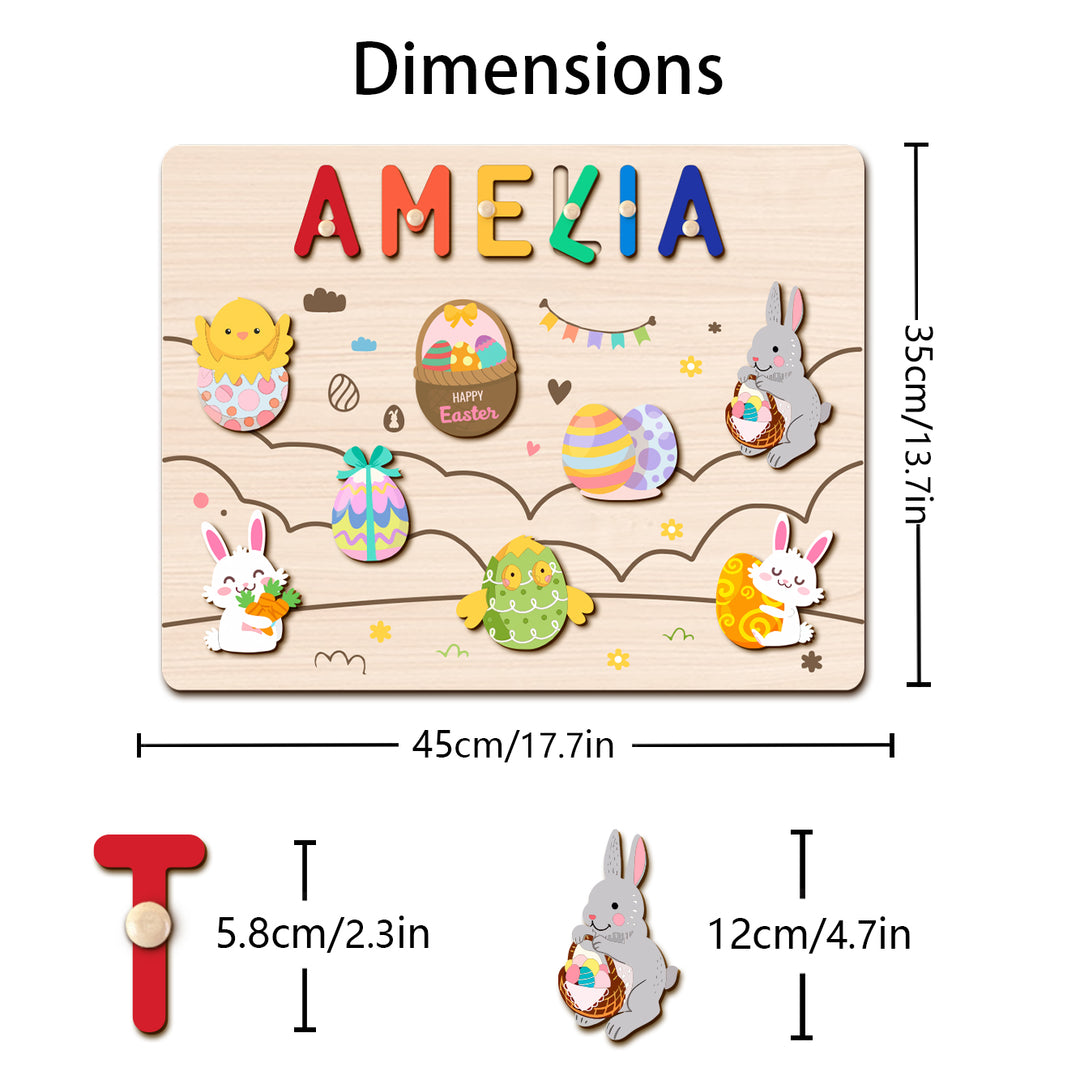 Puzzle en bois personnalisé avec prénom - Jouet lapin de Pâques et œuf pour tout-petits