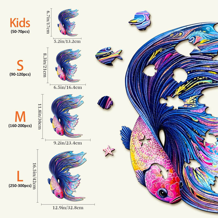 Half Moon Betta Wooden Jigsaw Puzzle with unique shapes and vibrant colors, shown in various sizes for kids and adults.